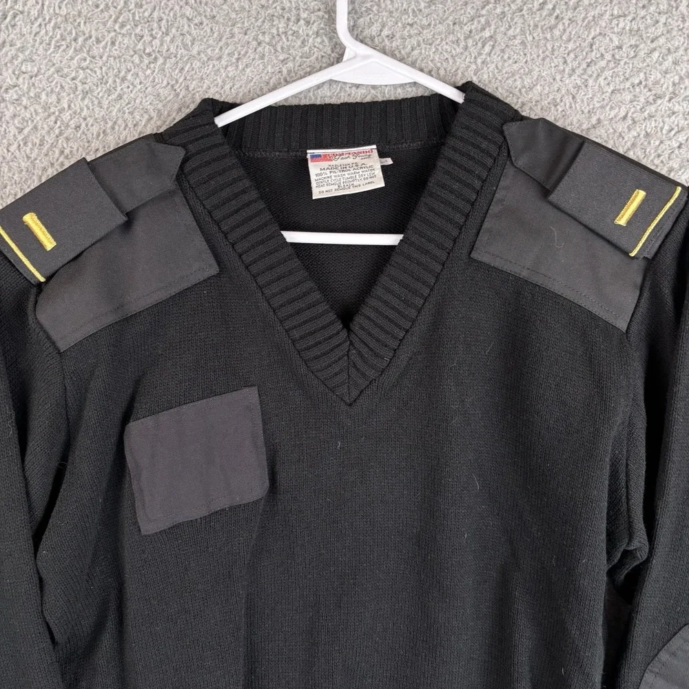 Commando by Jack Young Sweater Mens L Black Military V Neck Knit Elbow Patches